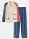 Women Plus Size Cute Panda Print Contrast Raglan Sleeve Cotton Lounge Home Pajamas Sets - Blue