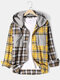 Mens Patchwork Plaid Cotton Double Pocket Casual Long Sleeve Drawstring Hooded Shirts - Yellow