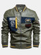 Mens PU Leather Casual Fleece Lined Thick Varsity Jacket With Badges - Green