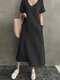 Vintage Short Sleeve V Neck Pockets Dress - Black