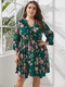 Floral Print V-neck 3/4 Length Sleeve Plus Size Dress for Women - Green