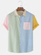 Mens 100% Cotton Patchwork Casual Short Sleeve Shirts With Pocket - Green