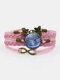 Vintage Multilayer Women Bracelet Dragonfly Printed Butterfly Pendant Leather Bracelet - Pink