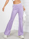 Solid Pocket Lace Up Casual Flare Leg Pants - Purple