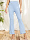 Solid Lettuce Trim Ribbed Knit High Waist Casual Pants - Blue