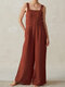 Side Button Solid Color Wide Leg Jumpsuit For Women - Red