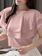 Women Layered Design Crew Neck Solid Casual Blouse - Pink
