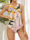 Plus Size Women Abstract Figure Color Block Print One Piece Sleeveless Swimsuit - Pink