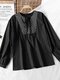 Floral Embroidery Knotted V-neck Long Sleeve Loose Blouse - Black