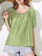 Women Solid Tie Neck Puff Sleeve Casual Blouse - Green
