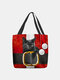 Women Felt Christmas Black Cat Print Handbag Tote - Red