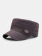 Men Cotton Solid Color Letter Metal Label Adjustable Sunshade Military Hat Flat Cap - Tan