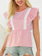 Stripe Print Patchwork O-neck Cap Short Sleeve Women Blouse - Pink