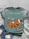 Christmas Cartoon Cat Print O-neck Short Sleeve Plus Size T-shirt - Green