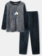 Mens Flannel Sleeping Bear Embroidered Contrast Warm Loungewear Pajamas Sets - Navy