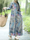 Floral Print O-neck Long Sleeve Maxi Cotton Dress - Blue