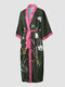 Women Satin Floral Pattern Contrast Trim Lace Up Calf Length Home Robes - Green
