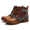 SOCOFY Retro Buckle Genuine Leather Splicing Folkways Pattern Flat Soft Short Boots - Camel