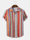 Mens Colorful Stripe Pattern Lapel Short Sleeve Casual Shirts - Multi Color
