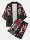 Mens Carp & Flower Print Japanese Style Elastic Waist Kimono Two Piece Outfits - Black