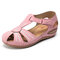 LOSTISY Women Wedges Flower Splicing Casual Comfort Adjustable Sandals - Pink
