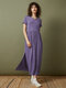 Solid Pocket Slit V-neck Ruched Short Sleeve Casual Dress - Purple