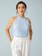Lace Solid Halter Keyhole Back Sleeveless Tank Top - Blue