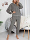 Women Double Plush Warm Drop Shoulder Hooded Loungewear Pajamas Set With Pocket - Gray