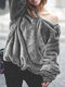 Plush Solid Color Irregular Long Sleeve Hoodie For Women - Grey