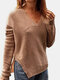 Solid Color Long Sleeve V-neck Split Sweater For Women - Khaki