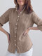 Women Solid Long Sleeve Lapel Button Front Shirt - Khaki