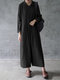 Solid Color Long Sleeve Pocket Loose Linen Casual Jumpsuit for Women - Black