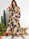 Flower Print Puff Sleeves Big Swing Plus Size Long Dress - Apricot