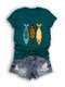 Cartoon Fish Printed Short Sleeve O-Neck T-shirt For Women - Green