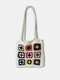 JOSEKO Women's Plush Handwoven Ethnic Mixed Floral Pattern Shoulder Bag Fashion Multifunctional Tote Bag - White