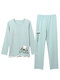 Plus Size Cute Bear Print Pajamas Long Sets Cartoon Long Sleeves Cotton Sleepwear For Winter Spring - Blue