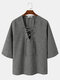 Mens Solid Color Dark V Tie Up Designed 3/4 Sleeve Length T-Shirts - Dark Gray