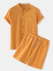 Mens Basic Cotton Linen Grandad Collar Solid Color Loungewear Set - Yellow