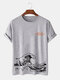 Mens Wave Slogan Print Crew Neck Cotton Short Sleeve T-Shirts - Gray