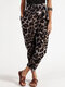 Leopard Print Casual Wrap Pocket Irregular Harem Pants with Belt - Khaki
