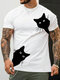 Mens Cartoon Black Cat Print Crew Neck Short Sleeve T-Shirts Winter - White
