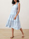 Floral Geo Print Shirred Open Back Strap Midi Dress - Blue
