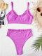 Women Solid Color Frill Trim Open Back High Waisted Bikinis Swimwear - Purple