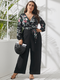 Plus Size Floral Print Patchwork V-neck Lantern Sleeve Jumpsuit for Women - Black