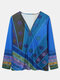 Ethnic Printed Long Sleeve V-neck Zip Front Sweatshirt For Women - Blue