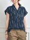 Stripe Print Short Sleeve Lapel Blouse For Women - Blue