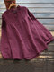Solid Long Sleeve Button O-neck Women Loose Vintage Blouse - Claret