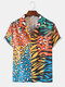 Mens Ethnic Zebra Stripe & Leopard Print Patchwork Holiday Revere Collar Short Sleeve Shirt - Multi-color