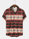 Mens Ethnic Geometric Elephant Print Button Front Short Sleeve Shirts - Red