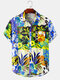 Mens Floral & Leaf Print Holiday Casual Light Short Sleeve Shirts - Green
